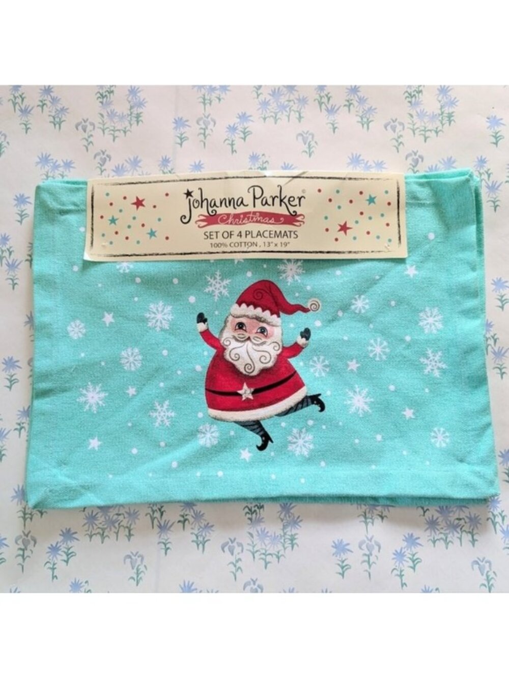 Johanna Parker Santa Placemats NEW Set of 4 13 x 9 Pastel Blue Retro Christmas